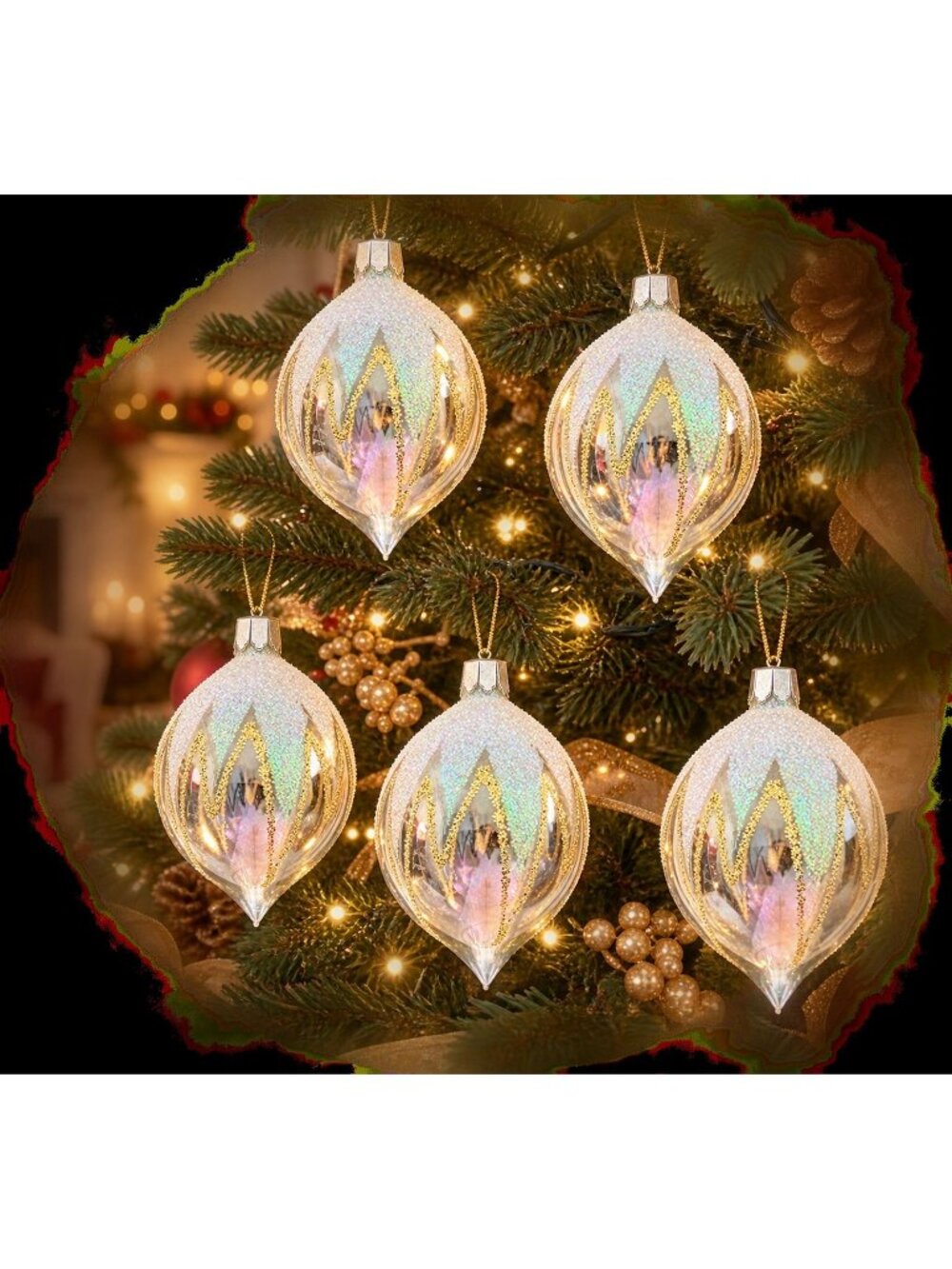 Tear Drop Icicles Glass Christmas Ornaments Gold & Iridescent Mica 4"Set of 5